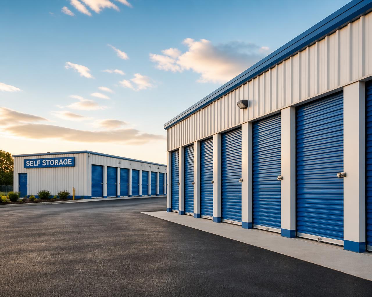 A clean self-storage facility with rows of blue roll-up doors at sunrise